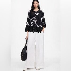 Curations Black White Floral Flowy Crochet Lace Sleeve Top Blouse Shirt M
